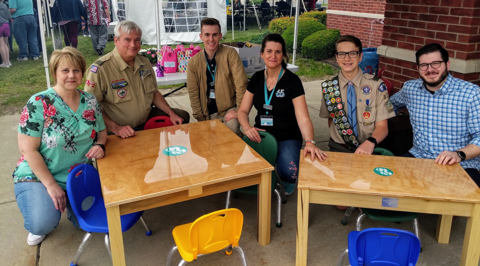 From left, Jackie Siegmann; Mark Gaynor, scoutmaster Troop 824; Austin Tylec and Jennifer Grier of GNFCU; Levi Siegmann, Eagle Scout candidate; and Kason Dietz of The Hope Center.